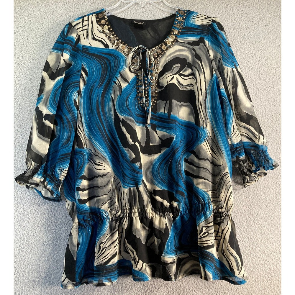 Nue Options Abstract Swirl Blouse Womens L Blue Embellished Smocked 3/4 Sleeve
